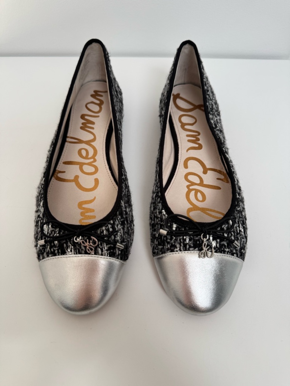 Sam Edelman Sara Black Tweed Ballet‎ Flats with Silver Cap Toe, Size 8